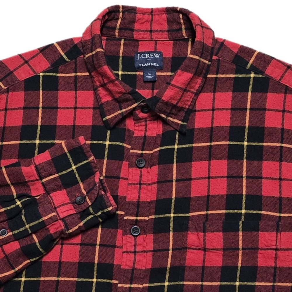 J Crew Flannel Shirt Mens Large Buffalo Plaid Red Black Gold Long Sleeve EUC